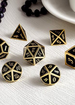DNDND Metal Dice Set D&D, 7 die Metallic Polyhedral Dice Set with Gift Metal Box and Gold Number for DND Dungeons and Dragons Role Playing Games (Black and Gold)