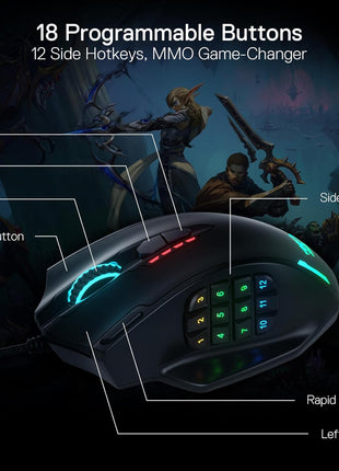 Redragon M908 Impact RGB LED MMO Gaming Mouse with 12 Side Buttons, Optical Wired Ergonomic Mouse with Max 12,400DPI, High Precision, 18 Programmable Macro Shortcuts, Comfort Grip