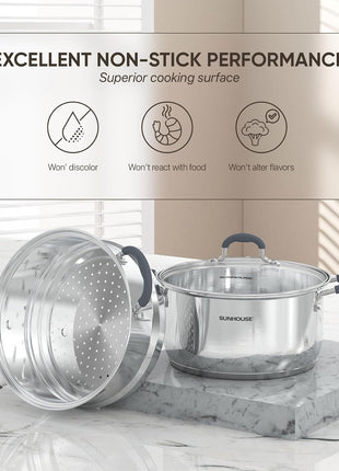 SUNHOUSE 3.1 QT Stainless Steel Steamer Pot for Cooking Vegetables | Steaming Pot with Glass Lid & Steamer Basket - 2 Tier Tri-ply Stovetop Steamer For Vegetable, Veggie - Induction Compatible
