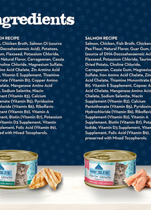Blue Buffalo Baby Blue Natural Kitten Wet Cat Food Paté Variety Pack, Healthy Growth Formula with DHA, High-Protein & Grain-Free, Chicken and Salmon Recipes, 3-oz Cans (6 Count, 3 of Each) (Pack of 4)