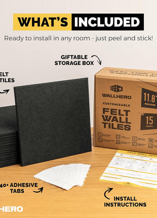 WALLHERO Large Cork Board for Wall 59 inch x 36 inch, Black Bulletin Board | 15 Pack Felt Wall Tiles | Cork Boards for Office Pin Board Tack Board Cork Boards