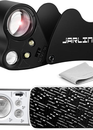 JARLINK 2 Pack Jewelers Loupe, 30X 60X 90X Illuminated Jewelers Eye Magnifier and Magnifying Glass Loop with UV Black Light and Bright LED Light for Gems, Jewelry, Diamond, Coins, Stamps (Black)