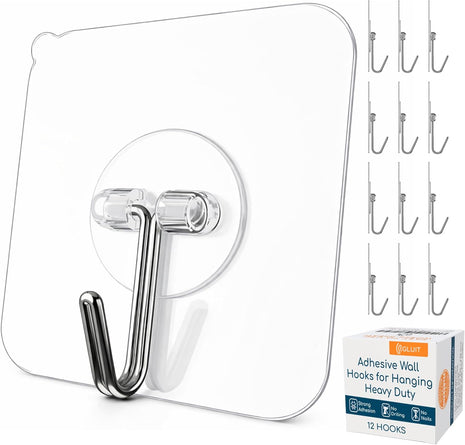 Adhesive Wall Hooks for Hanging, Heavy Duty No Drill, 22 lbs, 12 Pack | GLUIT Adhesive Wall Hooks for Hanging, Transparent Waterproof Sticky Towel Hook for Bathroom Kitchen Home Outdoor