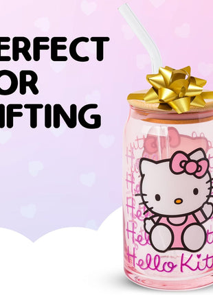 Silver Buffalo Sanrio Hello Kitty Waving Pink Glass Jar Tumbler with Bamboo Lid and Glass Straw, 16 Ounces