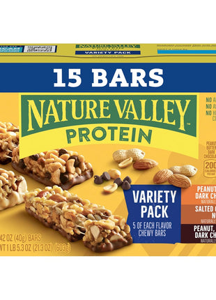 Nature Valley Protein Bars Variety Pack, Gluten Free Chewy Granola Snack Bars, 10g Protein, Peanut Butter Dark Chocolate, Salted Caramel Nut, Peanut Almond Dark Chocolate, 15 Count, 21.3 oz Box