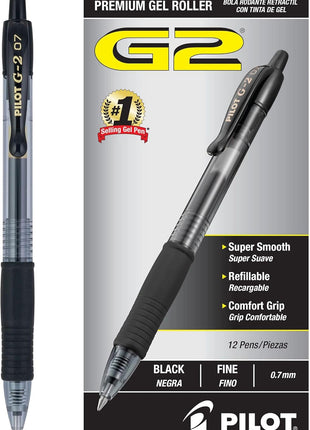 PILOT G2 Pens, 0.7mm, Black Ink, 12-Pack