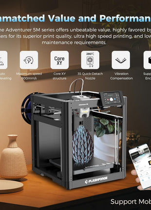 FLASHFORGE Adventurer 5M 3D Printer with Fully Auto Leveling, Max 600mm/s High Speed Printing, 280°C Direct Extruder with 3S Detachable Nozzle, CoreXY All Metal Structure, Print Size 220x220x220mm