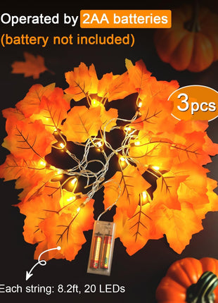 Luditek Fall Decor 3 Pack Fall Leaf Garland with Lights, Total 24.6ft 60 LED Halloween String Lights, Thanksgiving Decorations for Home Holiday Autumn Indoor Friendsgiving Gift