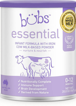 Bubs Essential Infant Formula, with Iron, Cow Milk-Based Powder, for Infants 0-12 Months, Made with Non-GMO Milk, 20 oz