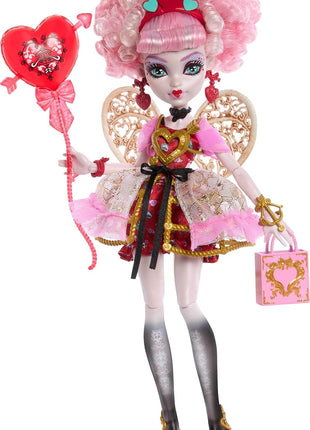 Monster High Scary Sweet Birthday Cupid Asteria Doll | Doll in Pink and Red Party Dress with Party-Themed Accessories like Invite, Balloon, Gift and More