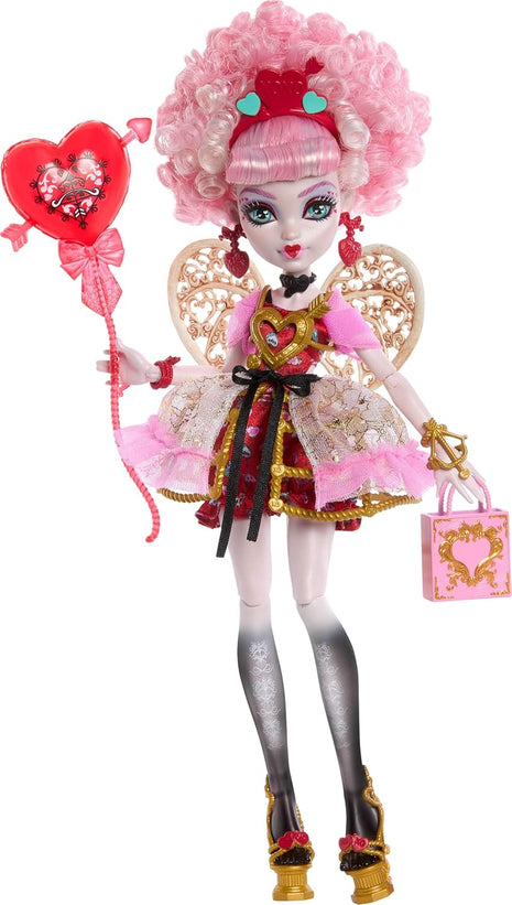 Monster High Scary Sweet Birthday Cupid Asteria Doll | Doll in Pink and Red Party Dress with Party-Themed Accessories like Invite, Balloon, Gift and More