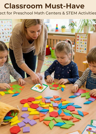 LovesTown 209 PCS Shapes Wooden Pattern Blocks for Kids | Geometric with Activity Cards, Storage Bag, Educational Tangram Puzzles, Great Learning Gift