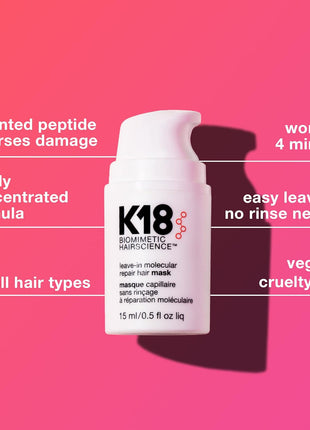 K18 Leave-In Molecular Repair Hair Mask, Patented, Lasting Repair For Dry, Frizzy, Damaged Hair, Reverse Damage In 4 Minutes From Bleach, Color, Chemical Services + Heat