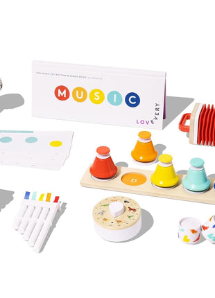 Lovevery | The Block Set | Solid Wood Building Blocks and Shapes + Wooden Storage Box, 70 Pieces & The Music Set | 6 Instruments and Rhythm & Songs Book, Toddler and Kids Music Toys