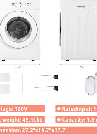 Euhomy Compact Dryer 1.8 cu. ft. Portable Clothes Dryers with Exhaust Duct with Stainless Steel Liner Four Function Small Dryer Machine, Suitable for Apartments, Dorm, RVs, White