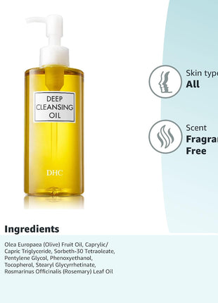 DHC Deep Cleansing Oil, Makeup Remover, Gentle Oil Cleanser, 6.7 oz | Facial Cleansing Oil, Blackhead Remover, Cleanses without Clogging Pores, Residue-Free, Fragrance and Colorant Free