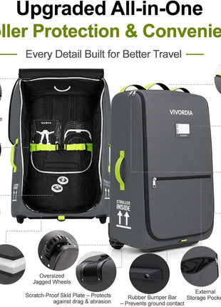 Stroller Travel Bag for Airplane,Compatible with UPPAbaby Vista V1/V2/V3,Cruz V1/V2/V3, Padded Gate Check Stroller Bag with Large Jagged Wheels, Reinforced Bottom, External Pocket (Grey)