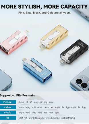 MFi Certified 256GB Flash Drive for iPhone iPad, Photo Stick for External Memory Storage, Easily Back Up and Save Photos Videos, 4 in 1 USB Memory Stick Thumb Drive for iPhone/iPad/Android/PC (Blue)