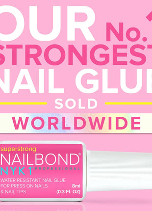 Super Strong Nail Glue for Press On Nails, Nail Tips & Acrylic Nails (8ml) NYK1 NailBond Brush On Glue for Press Ons, Tips & Acrylics - Long Lasting, Maximum Strength, Mess-Free Application