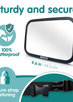 Baby Car Mirror for Rear Facing Seats - Double Award Winning, Non-Slip | Shatterproof and shakeproof car mirror for baby with 360° rotation and clear convex view for newborn satefy (9.6 x 6.9 in).