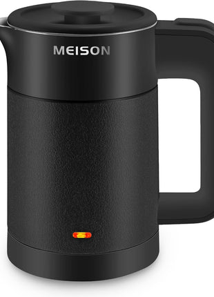 0.6L Small Electric Kettles Stainless Steel, Travel Mini Hot Water Boiler Heater, Double Wall Cool Touch Portable Teapot, Auto Shut-Off & Boil-Dry Protection, 120V/800W, 2 Year Warranty (Black)