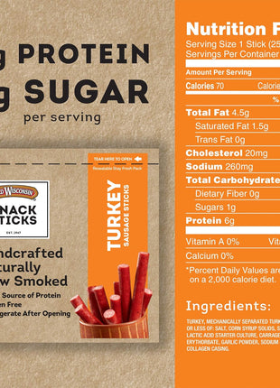 Old Wisconsin Turkey Sausage Snack Sticks, Naturally Smoked, Ready to Eat, High Protein, Low Carb, Keto, Gluten Free, 6 Ounce Resealable Package
