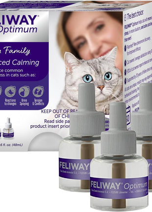 FELIWAY Optimum Cat Calming Pheromone Diffuser Refill - 3 Pack | Advanced Support to Help Reduce Urine Spraying, Scratching, Fighting & Hiding Due to Stress, 90 Day Supply