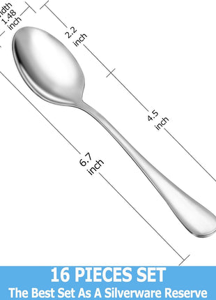 Teaspoon Set,16 Piece 6.7 inch Spoons Silverware, Premium Food Grade Stainless Steel Tea Spoons, Durable Small Spoon, Good Teaspoons, Kitchen Dessert Spoon Set, Mirror Finish & Dishwasher Safe
