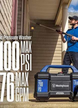 Westinghouse ePX3100v Electric Pressure Washer, 2100 Max PSI 1.76 Max GPM, Built-in Carry Handle, Detachable Foam Cannon, Pro-Style Steel Wand, 3-Nozzle Set, for Cars/Fences/Driveways/Home/Patios