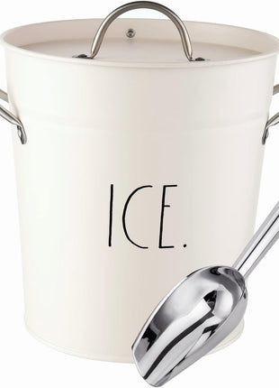 Rae Dunn Ice Bucket with Scoop   Stainless Steel Bucket with Handle, Lid and Ice Scooper   4 Qt. Storage Bin for Ice Cubes for Bars, Parties, Backyard Barbeques, Picnics, and Camping (White)