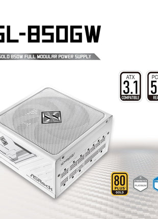 ASRock Steel Legend White Edition SL-850GW 850W ATX 3.1 PCle 5.1 Full Modular 10 Years Warranty 135 mm FDB Fan iCOOL Intelligent Power Supply 80 Plus Gold Cybenetics Platinum 12V-2x6 Cable