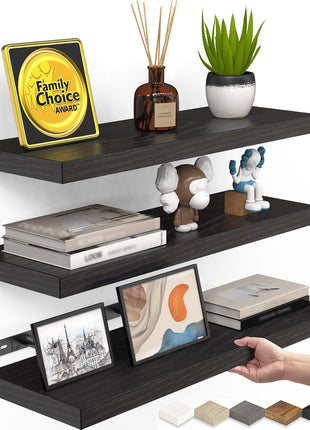 BAYKA Floating Shelves for Wall, Wall Mounted Rustic Wood Shelves for Bathroom, Bedroom, Living Room, Kitchen, Hanging Shelf for Books/Storage/Room Decor with 22lbs Capacity (Black, Set of 3, 15.7in)