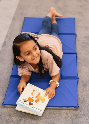 ECR4Kids Everyday Folding Rest Time Mat, 4-Section, 1in, Sleeping Pad, Blue/Grey