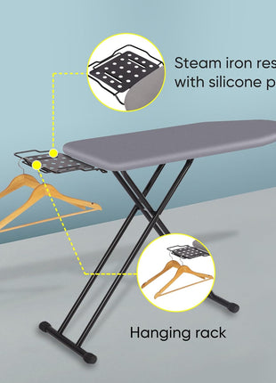 Jakeefud Deluxe Ironing Board with Heat Resistant Cover and Thicken Felt Pad, Heavy Sturdy Legs,Full Size Hanger Iron Board,Foldable (L-Grey)