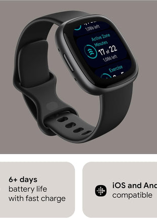 Fitbit Versa 4 Fitness Smartwatch with Daily Readiness, GPS, 24/7 Heart Rate, 40+ Exercise Modes, Sleep Tracking and more, Black/Graphite, One Size (S & L Bands Included)