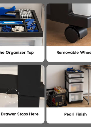 IRIS USA 4-Drawer Rolling Storage Cart with Organizer Top, Black/Pearl | Keep craft supplies, office essentials, classroom items, and accessories organized with easy-access drawers for daily use