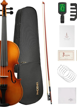 PHOENIX Violin 4/4 Full Size Set, Fiddle Set for professional Beginners Adults with Rosewood Bow Extra strings & Bridge, 2 Rosins, Tuner, Mute, Case (Plywood, 4/4)