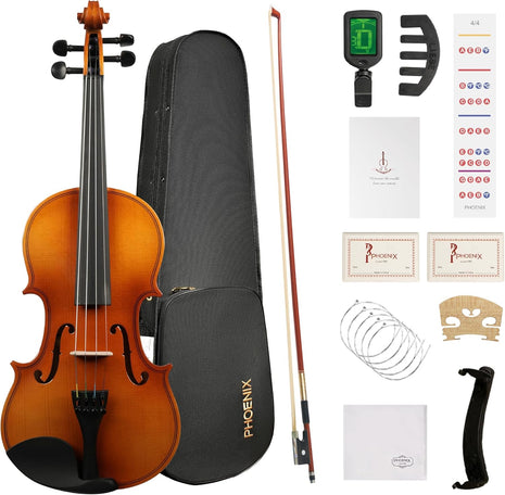 PHOENIX Violin 4/4 Full Size Set, Fiddle Set for professional Beginners Adults with Rosewood Bow Extra strings & Bridge, 2 Rosins, Tuner, Mute, Case (Plywood, 4/4)