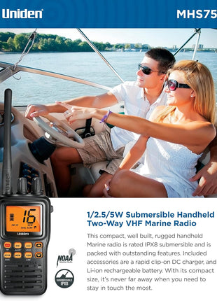 Uniden MHS75 Waterproof Handheld 2-Way VHF Marine radio, Submersible, Selectable 1/2.5/5 Watt Transmit Power. All USA/International and Canadian Marine Channels - Color Black