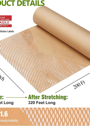 Honeycomb Packing Paper,12 inch W x 200' L Bubble Cushioning Wrap for Moving,Products & Gifts Wrapping Paper,Recyclable and Biodegradable Cushioning Packing Material with 20 Fragile Sticker Labels