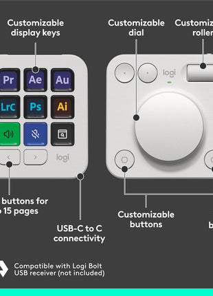 Logitech MX Creative Console, 9 Customizable LCD Keys, Stream Deck Accessories, Control Dial for Graphic Design, Adobe, Zoom, Spotify - Pale Grey, 3-Month Adobe Creative Cloud Membership