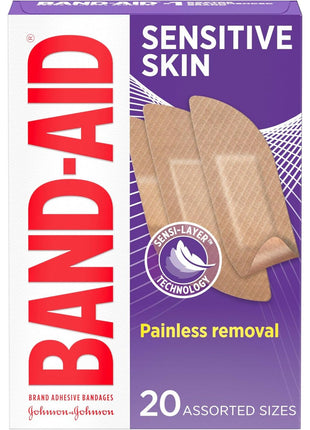 Band-Aid Brand Adhesive Bandages for Sensitive Skin, Hypoallergenic First Aid Bandages with Painless Removal, Stays on When Wet & Suitable for Eczema Prone Skin, Sterile, Assorted, 20 ct