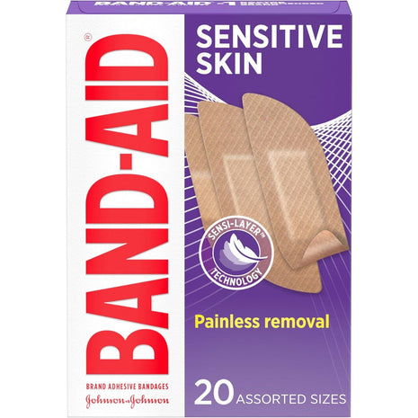 Band-Aid Brand Adhesive Bandages for Sensitive Skin, Hypoallergenic First Aid Bandages with Painless Removal, Stays on When Wet & Suitable for Eczema Prone Skin, Sterile, Assorted, 20 ct