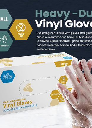 MED PRIDE Medical Vinyl Examination Gloves (Large, 100-Count) Latex & Rubber Free, Ultra-Strong, Clear Disposable Powder-Free Gloves for Healthcare & Food Handling Use