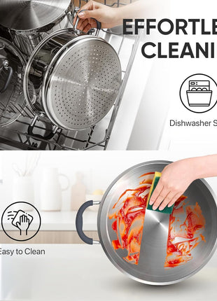 SUNHOUSE 3.1 QT Stainless Steel Steamer Pot for Cooking Vegetables | Steaming Pot with Glass Lid & Steamer Basket - 2 Tier Tri-ply Stovetop Steamer For Vegetable, Veggie - Induction Compatible
