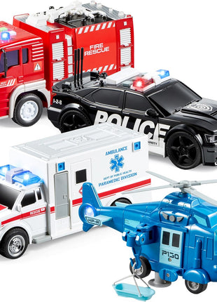 JOYIN 4 Packs Emergency Vehicle Toy Playsets, Friction Powered Vehicles with Light and Sound, Including Fire Truck, Ambulance, Play Police Car and Helicopter, Toddler Kids Boys Gifts
