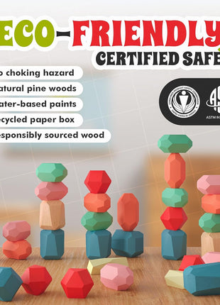 36 Pcs Wooden Stacking Blocks – Montessori Toys for 1 2 3 4 5 6 Year Old Toddlers and Kids, XL Rocks, No Choking Hazard – Sensory STEM Building Stones, for Girls and Boys