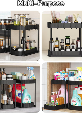 Ukeetap Multi-Purpose Pull-Out Storage Organizers, Under Sink/Cabinet Organizers and Storage for Bathroom & Kitchen, Black, 12.8 Inches, 2 Packs