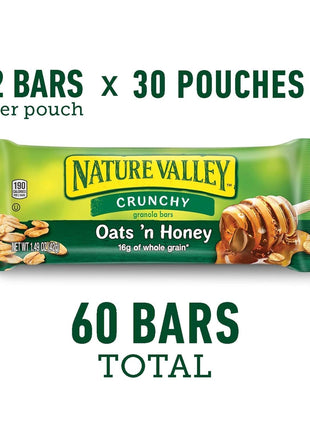 Nature Valley Crunchy Oats 'n Honey Granola Bars, 60 Bars, 44.7 OZ (30 Pouches)