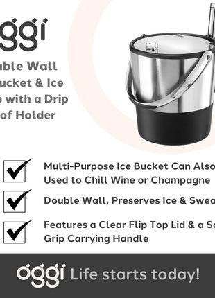 Oggi Insulated Ice Bucket, 4 Quart / 3.8 L, Stainless Steel, Black.